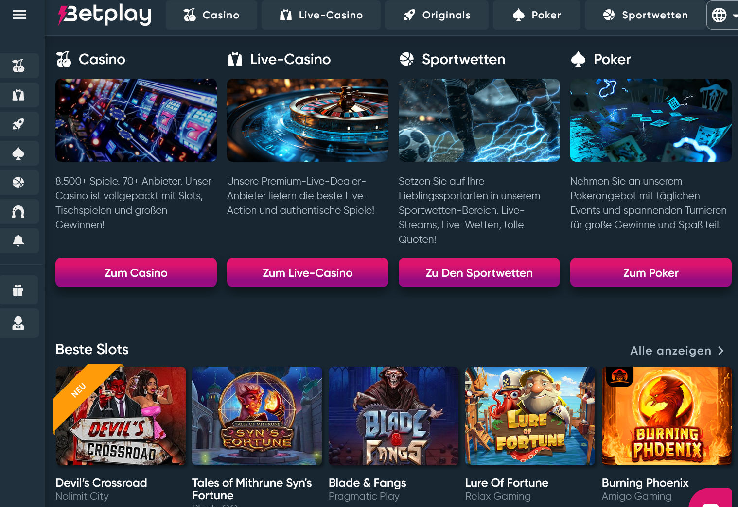 Spielangebot im Betplay Bitcoin Online Casino