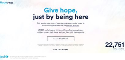 The Hopepage Unicef Australia Bitcoin Monero Spenden durch Kryptowährungs-Mining