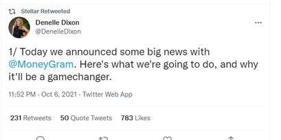 Stellar Tweet über Partnerschaft mit Moneygram